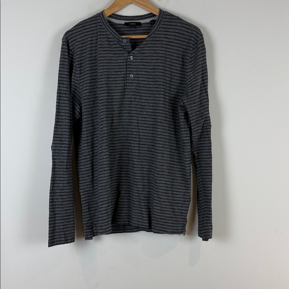 Vince Charcoal and Light Gray Striped Pima Cotton Henley Size Medium